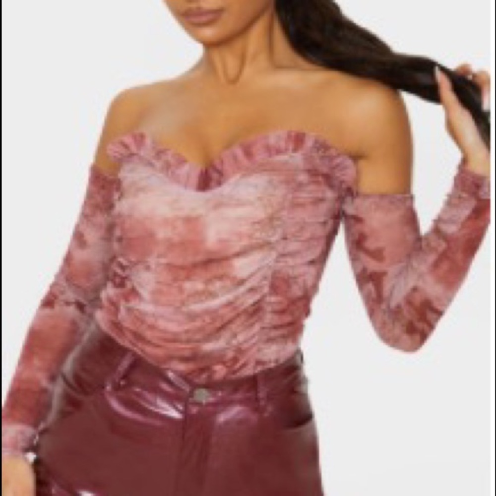 Red Tie Dye Printed Mesh Rushed Bardot Bodysuit